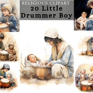Clipart de niño tamborilero, clipart del nacimiento de Jesús, clipart transparente para belenes, clipart de acuarela de historia bíblica
