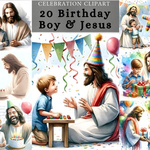 Clipart di un festeggiato e di Gesù, immagine digitale di Gesù e del ragazzo per il compleanno, festa di compleanno, download digitale per biglietti o stampa
