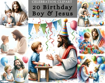 Birthday Boy And Jesus Clipart , Jesus and boy on birthday digital image , birthday celebration , digital download for cards or print