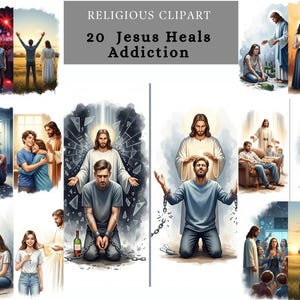 Puede incluir: Una colección de 20 ilustraciones digitales con el texto "Religious Clipart 20 Jesus Heals Addiction". Las imágenes representan a Jesús interactuando con personas en varias escenas, ofreciendo consuelo y curación. La obra de arte presenta colores vibrantes y representaciones detalladas.