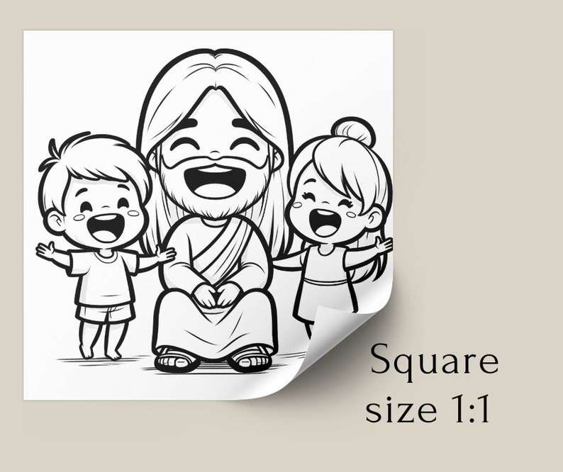 May include: Black and white line drawing of Jesus with a young boy and girl. All three are smiling and looking at each other. The boy is on the left, Jesus is in the middle, and the girl is on the right.