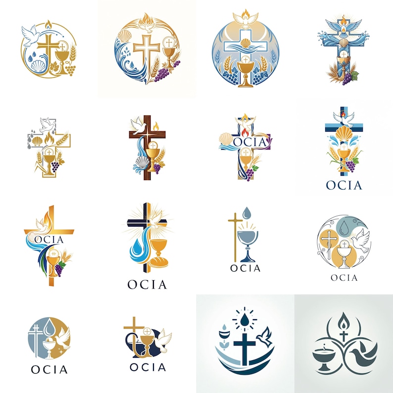 Puede incluir: Una colecci&oacute;n de dise&ntilde;os de emblemas religiosos con cruces, c&aacute;lices, palomas y trigo. Los dise&ntilde;os incorporan colores dorados, azules y blancos, algunos con el texto "OCIA". El tema general es el simbolismo cristiano.