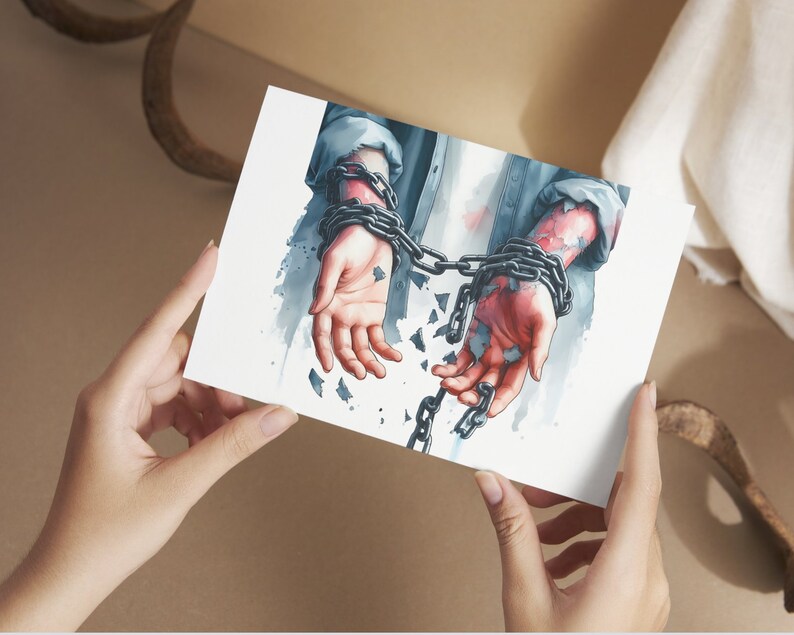 May include: A watercolor painting of a person's hands bound by a chain that is breaking apart. The hands are shown with detail and the chain is painted in a realistic style.