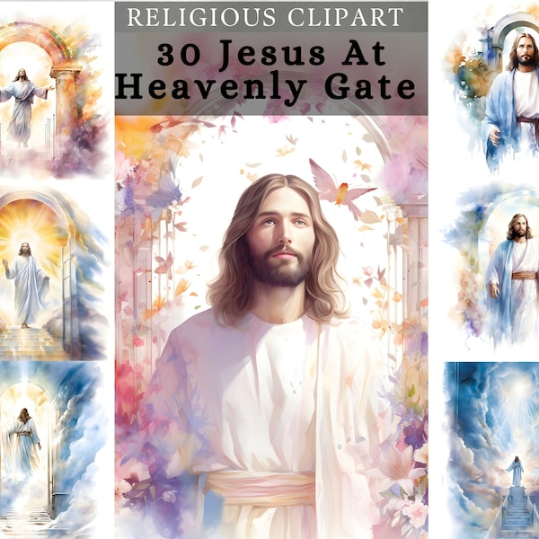 Jesus at Heavenly Gate Clipart, Jesus geht in den Himmel, Calm Jesus Poster Bundle für Scrapbooking, Junk Journal, Sublimation,