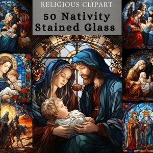 Clipart de crèche en vitrail, lot de conception Naissance de Jésus, sainte famille, voyage des mages, conception imprimable des trois sages.