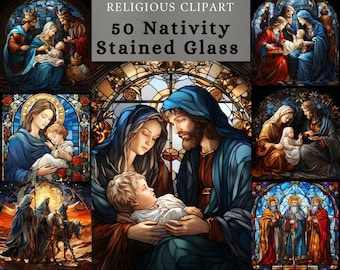 Stained glass Nativity scene clipart , Birth of Jesus  design bundle , holy family, journey of magi ,three wise man printable design.