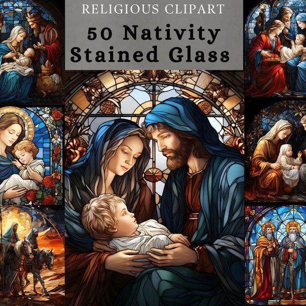 Stained glass Nativity scene clipart , Birth of Jesus  design bundle , holy family, journey of magi ,three wise man printable design.