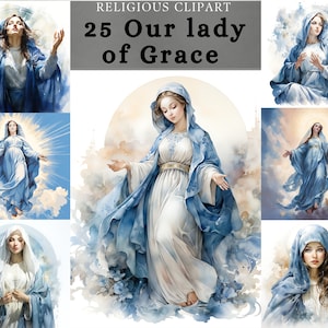 Clipart di Nostra Signora delle Grazie, Nostra Signora di Ipswich, pacchetto di clipart di Maria, clipart di Maria acquerellata, Maria in blu, design digitale per la stampa