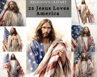 Jesus Loves America Clipart , Jesus from USA , Jesus with American flag bundle  for Scrapbooking, junk journal , sublimation