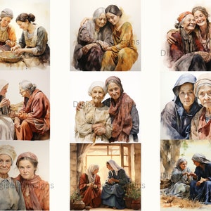 May include: A watercolour painting depicting nine pairs of women, each pair embracing or interacting with one another. The women are dressed in a variety of styles, including long dresses, robes, and scarves. The painting is set against a white background.
