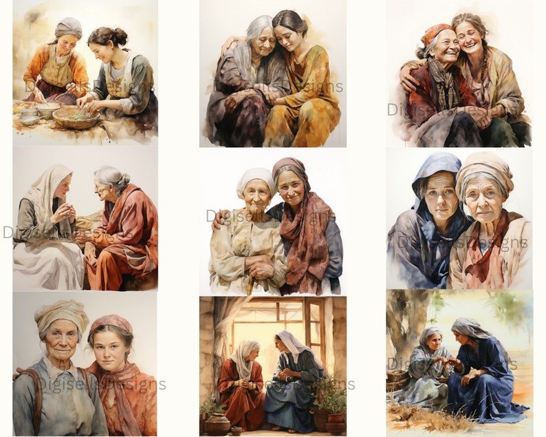 May include: A watercolour painting depicting nine pairs of women, each pair embracing or interacting with one another. The women are dressed in a variety of styles, including long dresses, robes, and scarves. The painting is set against a white background.