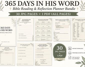 365 Day Bible Study Planner, Scripture Reading Tracker, Faith Journal (PDF + JPG)