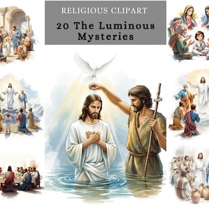 Clipart di Misteri Luminosi, Misteri del Rosario. Perfetto per l'arte digitale cattolica per rosari, biglietti di preghiera, scrapbooking, materiali stampabili, artigianato.