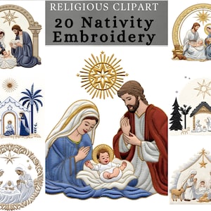 Clipart JPG di Natività con ricamo finto, clipart di ricamo della Nascita di Gesù, design di file JPG della Sacra Famiglia per il progetto fai da te Craft