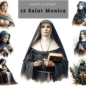 May include: A digital clipart set of 10 images featuring Saint Monica, a Catholic saint. The images depict Saint Monica in various poses and settings, including holding a book, praying, and surrounded by flowers. The images are in a traditional style and are suitable for use in religious artwork, crafts, and other projects.