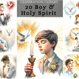 Erstkommunion Junge Clipart, Junge und der Heilige Geist, Aquarell Konformation Design, Devotional Sublimation, Gott anbeten, Scrapbooking