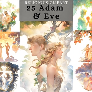 Adam i Ewa Clipart, Ogród Eden, akwarelowa opowieść biblijna, Księga Rodzaju, Hebrajska historia biblijna Clipart do sublimacji