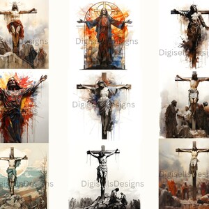 May include: A collection of nine digital art prints depicting Jesus Christ on the cross. The prints feature various artistic styles, including watercolor, abstract, and realistic.