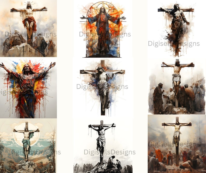 May include: A collection of nine digital art prints depicting Jesus Christ on the cross. The prints feature various artistic styles, including watercolor, abstract, and realistic.