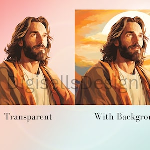May include: A digital painting of a man with long brown hair and a beard, wearing a brown robe. He is looking up and to the right. The background is a sunset with clouds and a bright sun.