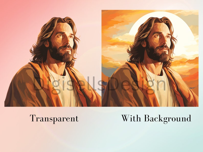 May include: A digital painting of a man with long brown hair and a beard, wearing a brown robe. He is looking up and to the right. The background is a sunset with clouds and a bright sun.