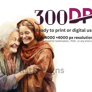 May include: A watercolour painting of two women, an older woman and a younger woman, embracing and laughing. The painting is in warm tones of brown and beige, with a soft, painterly style. The image is labelled "300DPI Ready to print or digital use 4000x4000 px resolution Good for Sublimation, POD, or any kind of print"
