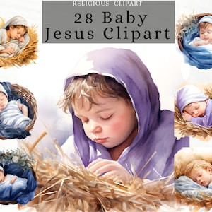 Clipart del gestore di Gesù Bambino, ritratto di Gesù neonato in stile acquerello, grazioso bambino Gesù in un cestino di paglia per lavoretti con carta da stampa
