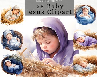 Baby Jesus Manager Clipart , watercolor style newborn jesus nativity scenes portrait, Cute Baby Christ in Straw basket for print paper craft