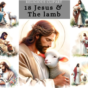 Jesus mit Lamm Clipart, Guter Hirte, Jesus Sublimationsdesign, Gütiger Hirte Jesus mit Schafen, druckbarer digitaler Download