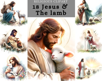 Jesus With Lamb Clipart , Good Shepherd  , Jesus sublimation design , Kind Shepherd Jesus with Sheep , Printable digital download