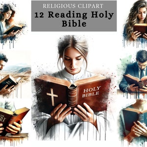 Pode incluir: Uma ilustração digital de 12 pessoas lendo a Bíblia Sagrada. As ilustrações são em estilo aquarela com um fundo desfocado. O texto "HOLY BIBLE" é visível nos livros.