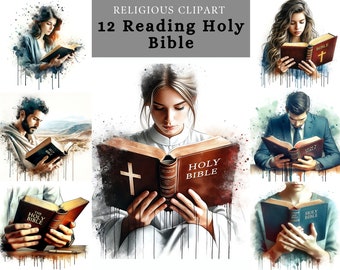 Heilige Studie Clipart, Person, die die Heilige Bibel liest, Heilige Reflexionen, Bibelverlobung, Sublimationsdruck für Papiermodelle
