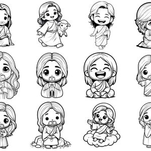 May include: Black and white line art illustrations of Jesus in various poses, including holding a book, a lamb, and praying. Some illustrations depict Jesus sitting, standing, and walking.