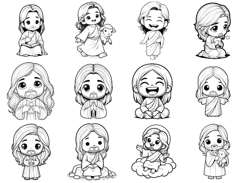 May include: Black and white line art illustrations of Jesus in various poses, including holding a book, a lamb, and praying. Some illustrations depict Jesus sitting, standing, and walking.