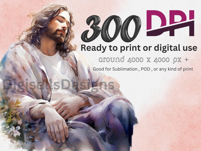May include: A watercolor painting of a man with long brown hair and a beard, wearing a white robe, sitting with his arms crossed. The image is 300 DPI and is ready to print or use digitally. The text "around 4000 x 4000 px +" is also included in the image.