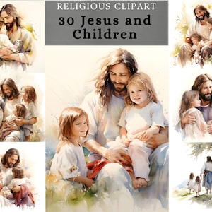Imágenes prediseñadas de Jesús y los niños, paquete de Jesús con los niños, diseño de carteles de Jesús y los niños para Scrapbooking, diario basura, uso digital o de impresión