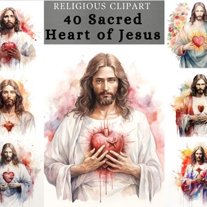 Clipart Sacré-cœur de Jésus, conception de clipart aquarelle cœur de Jésus, téléchargement de peinture numérique le plus sacré-cœur, cœur de jésus png