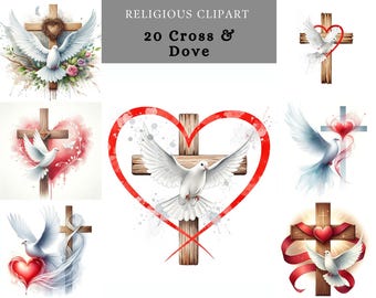 Watercolor Christian Cross & Dove Clipart ,  Religious Clipart Perfact for Faith-Based Crafts, Sublimation, and Printable Art