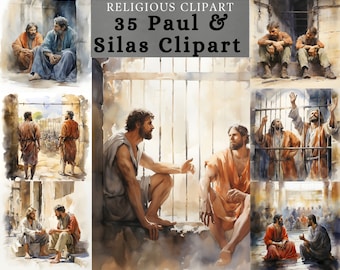 Paul and Silas Watercolor Clipart: Bible Story Art (35 JPG)