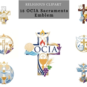 May include: A collection of religious clipart featuring crosses, chalices, doves, wheat, and grapes. The text "15 OCIA Sacraments Emblem" is displayed at the top. The designs incorporate various colors and styles, suitable for religious themes.