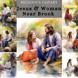 Jesus und Dame in der Nähe von Bach Clipart, Gott mit uns, Jesus mit uns Aquarell, Jesus im Gespräch mit einer Frau in der Nähe von Fluss, christliche Sublimation