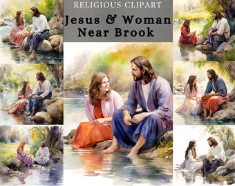 Jesus and Lady Near Brook Clipart , God With Us ,  Jesus With Us Watercolor , Jesus talking to a woman near river , Christian sublimation