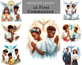 First Communion Clipart Bundle: Kids Praying, Church Invitations (Digital Download), afro american version