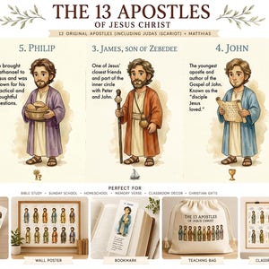 May include: A digital educational set titled The 13 Apostles of Jesus Christ featuring illustrated characters of Philip, James, and John with descriptive text. Includes flashcards, a wall poster, a bookmark, and a teaching bag with graphics.