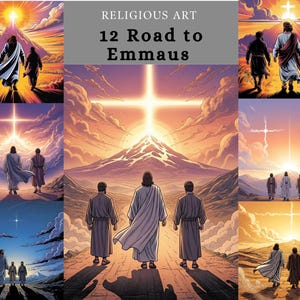 May include: A collection of religious art prints depicting the '12 Road to Emmaus' scene. The images feature figures walking towards a bright cross and light, set against colorful skies and mountainous landscapes. The text 'Religious Art' and '12 Road to Emmaus' is visible.