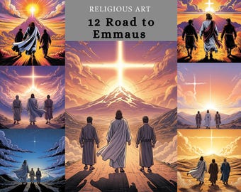 Road to Emmaus Design Art Bundle , Jesus and Disciples Walking Toward Mountain , Comic Style Christian Art , JPG + SVG , Printable Religious