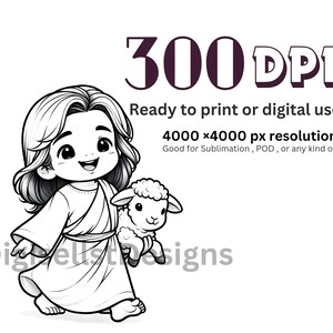 May include: Black and white line art illustration of a young person with long hair holding a lamb. The image is 4000 x 4000 pixels and 300 DPI.