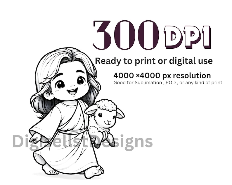 May include: Black and white line art illustration of a young person with long hair holding a lamb. The image is 4000 x 4000 pixels and 300 DPI.