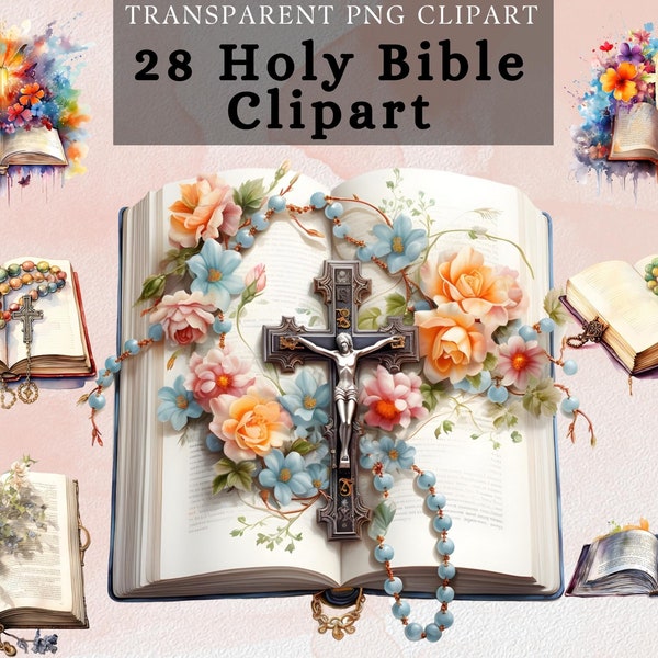 Holy Bible Clipart PNG , Holy Book Design, Floral Bible Transparent watercolored clipart, Bible with rosary, Bible with cross , catholic png