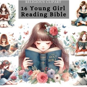 Clipart di una giovane ragazza che legge la Bibbia, bizzarra bambina che legge la Bibbia, design stampabile di una ragazza che studia la Bibbia per il diario di preghiera e la sublimazione